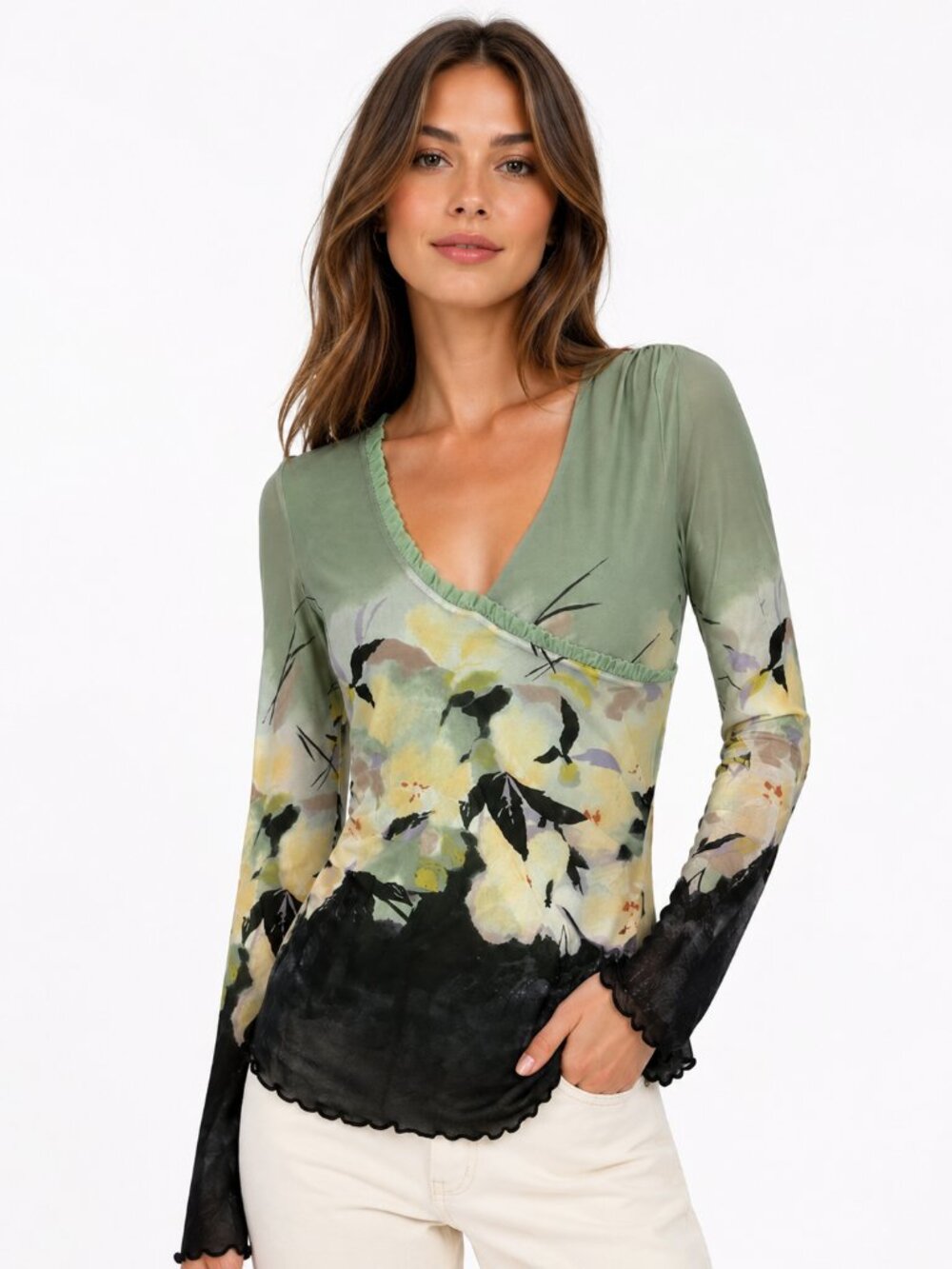 Anthropologie Women's NWT Mesh Faux Wrap Top Y2K Floral Asian Boho Artsy Size L